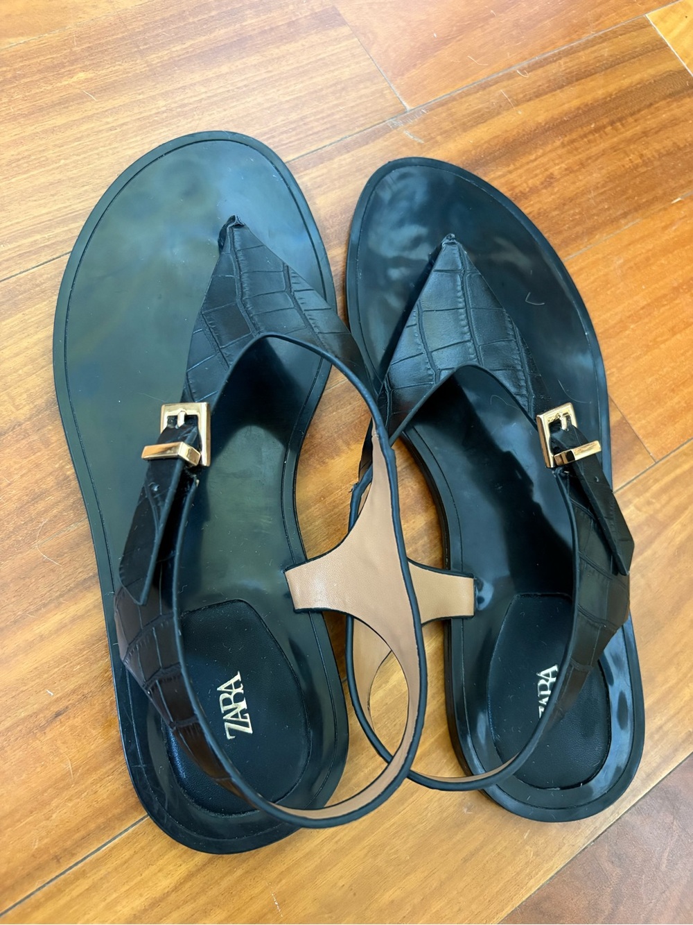 ZARA Black Croc-Effect Thong Sandals with Gold Buckles